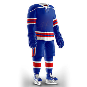 Ensemble de maillot de hockey sur glace pour homme, bleu, rouge, blanc, rayé, manches longues, polyester respirant, coupe régulière, vêtements d'hiver pour adulte - Product Image 2