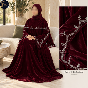 Tissu en velours bordeaux à motif de branches argentées avec détails de vigne perlée |   Tissu drapé doux pour la confection et la tenue d'abayas modestes - Product Image 3