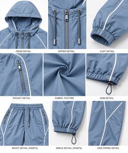 Custom Steel Blue Windbreaker Set with White Piping | Hooded <b>Nylon</b> Jacket & <b>Track</b> <b>Pants</b> | Streetwear Tracksuit - Product Image 6