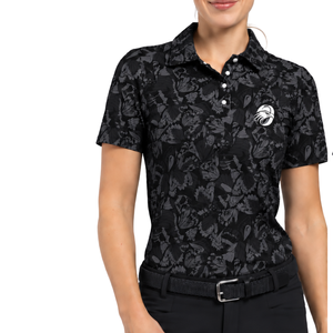 <b>Black</b> <b>Women</b> Short Sleeve Printed Golf <b>Polo</b> <b>Shirt</b> Floral Pattern Performance Sports Top Custom Wholesale Breathable Golf Apparel - Product Image 1