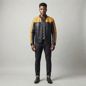 Blouson moto en cuir PU noir et moutarde pour homme, col montant, fermeture éclair, coupe classique, idéal pour l'automne - Product Image 2