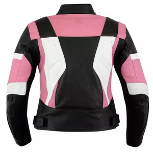 Blouson de moto unisexe en cuir respirant noir, rose et blanc, style motard décontracté, col montant, fermeture éclair - Product Image 3