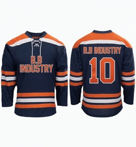 Jersey de Hockey Azul Marino con Franjas Blancas y Naranjas, Cuello con Cordones, Número Personalizado en la Espalda, Uniforme de Hockey sobre Hielo Sublimado - Product Image 1