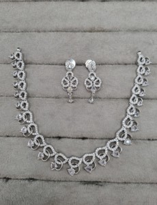 Artistic Curved Link Necklace American Diamond Jewelry <b>Set</b> With Pear Drop Motif & Matching Dangle Earrings For Special Occasions - Product Image 2