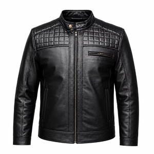 Chaqueta de Cuero Acolchada Negra para Hombre, Estilo Motero, con Cuello Alto, Cierre de Cremallera Frontal, Hombros Acolchados y Bolsillos con Cremallera - Product Image 1