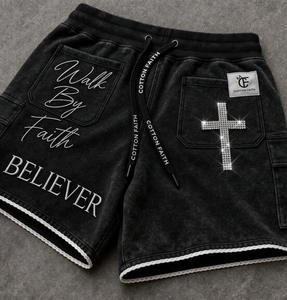 OEM Service Wholesale Distress Rhinestone Acid Wash Custom Jesus Design Men <b>Canvas</b> Shorts New Arrival Private Label Black - Product Image 5