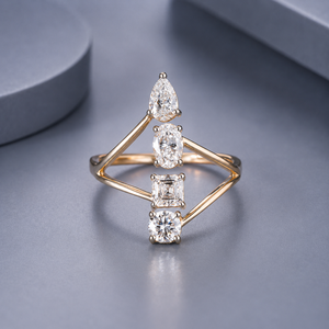 Anillo Abierto de Moissanita de Lujo con Múltiples Formas para Mujer, Oro Amarillo de 14K, Corte Esmeralda, Ovalado, Pera, Redondo, Joyería Fina de Compromiso - Product Image 1
