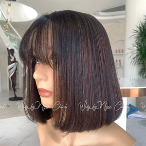 Silky 100% Extensions de cheveux humains vietnamiens os droite perruque avant de lacet avec frange courte longueur moyenne Bob perruque - Product Image 6