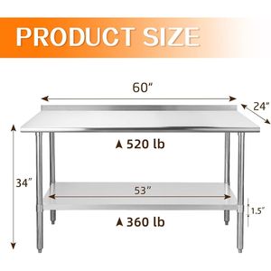 24X60 pollici tavolo da cucina commerciale in acciaio inox regolabile sotto scaffale Backsplash per uso Garage all'aperto del ristorante Hotel - Product Image 2