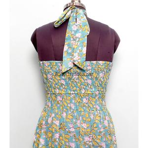 Robe midi à imprimé floral pour femme, col roulé, coupe trapèze, sans manches, 100% coton - Product Image 5
