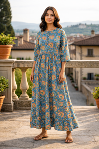 Vestido Largo con Estampado Floral Bohemio, Cuello Redondo, Manga Larga, Fruncido, Algodón Sostenible de Alta Calidad, Ropa Casual para Mujer - Product Image 6