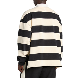 Men's Oversized Striped Long Sleeve Knitted Polo <b>Shirt</b> Casual Black And <b>Cream</b> Color Block Design - Product Image 4