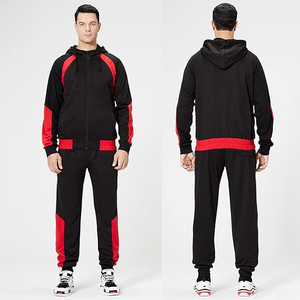 Conjunto Deportivo con Capucha en Color Negro y Rojo, Chaqueta con Cierre Completo, Pantalones a Juego con Bolsillos Laterales, Ropa Deportiva Informal para Otoño - Product Image 3