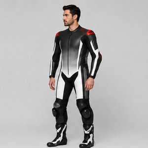 Combinaison de moto pour homme en cuir PU noir et blanc, à capuche, séchage rapide, respirante, coupe ajustée, coupe-vent, col rond, color block, streetwear - Product Image 4
