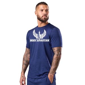 Mens Navy Blue Space Dye Performance Training T Shirt Crew Neck Short Sleeve <b>Athletic</b> Gym Workout Running Casual Sportswear Tee - Product Image 1
