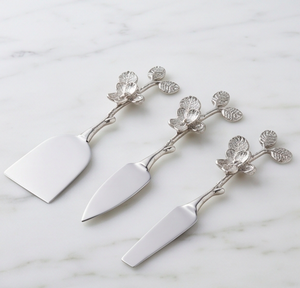 Juego de 3 cuchillos para queso de acero inoxidable con mango de hoja floral, espátula para mantequilla plateada para utensilios de cocina - Product Image 1