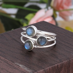 925 Sterling Silver Natural Labradorite Cabochon Triple Stone <b>Rings</b> Handmade Boho Gemstone Statement <b>Ring</b> for Women - Product Image 5