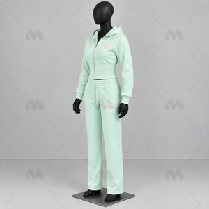 Conjunto de Sudadera y Pantalones Casuales de Invierno para Mujer, Color Verde Menta, con Capucha, Cierre Frontal con Cremallera, Manga Larga, Corte Holgado - Product Image 3