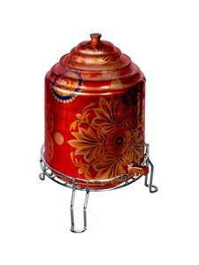 Distributeur d'eau décoratif à motif floral rouge avec support métallique et robinet pour usage domestique - Product Image 1