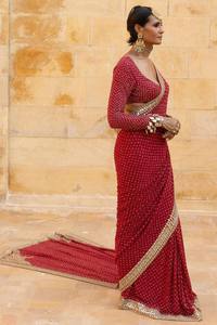 Sari Tradicional Rojo de Georgette de Seda, Largo hasta el Suelo, Bordado, Estilo Indio-Pakistaní, con Lentejuelas, para Novia, Boda o Fiesta - Product Image 3