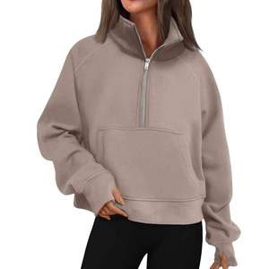 Womens Dark Brown Half Zip Sweatshirt Premium Heavyweight Fleece Pullover Oversized <b>Mock</b> <b>Neck</b> Athletic <b>Top</b> - Product Image 4