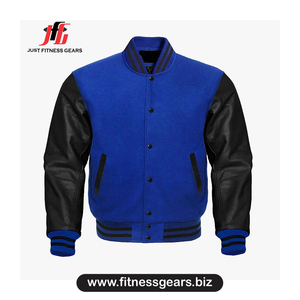 Veste de sport bleue pour homme avec manches en cuir PU, col montant, vêtement décontracté pour l'automne - Product Image 1