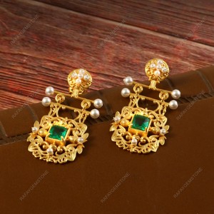 Pendientes de Aro de Plata de Ley 925 con Esmeralda y Perla Chapada en Oro, Joyería de Lujo para Novia, Regalo para Mujer - Product Image 3