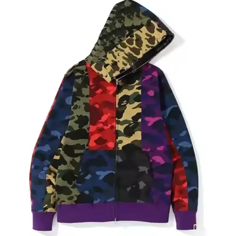 OEM Custom Printing Fashion Colorblock Camouflage Camo Jumper Sweatshirt Streetwear Hip Hop Hoodies Zip Up Hoodies For Men