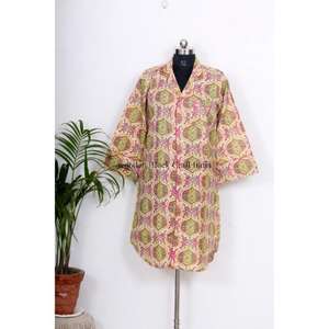 Robe chemise florale tissée pour femme, style ethnique de luxe, en coton indien, longueur genou, coupe enveloppante, taille naturelle, détail boutonné, respirante - Product Image 1