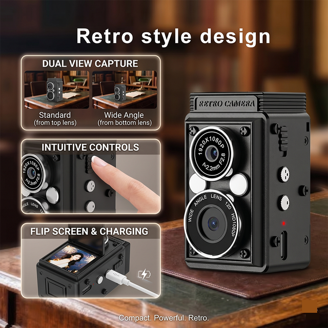 Dual Lens Mini Retro Digital Camera 0.85inch LCD Screen 1080P Video 12MP Photos Compact Vintage Portable Small CCD Kids Camera