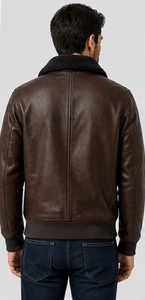 <b>Men's</b> Genuine Leather Bomber <b>Jacket</b> <b>Shearling</b> Collar Brown Winter Aviator Premium Outerwear Wholesale Windproof Heated - Product Image 3