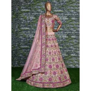 Seductor melocotón bordado seda nupcial Lehenga Choli con Dupatta para ropa de boda - Product Image 5