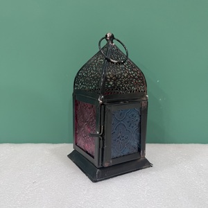 Artisan Design Small Decorative Iron and Color Glass <b>Lantern</b> with Black Finish <b>Mini</b> Home Decoration - Product Image 3