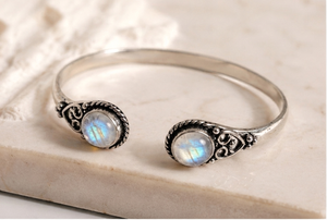 Rainbow Moonstone Bezel Set Open <b>Cuff</b> Bangle Handmade <b>Silver</b>/Gold Plated Brass Adjustable Gemstone <b>Bracelet</b> Classic Gift Unisex - Product Image 5