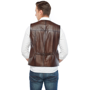 Men's Brown Leather Vest V-Neck Zipper Closure Breathable Casual Outer Wear Regular Fit Winter Street Style - Product Image 3