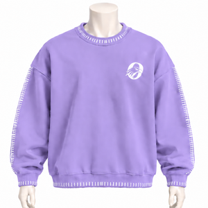 Mens Lavender <b>Stitched</b> Border Distressed Crewneck Sweatshirt <b>Oversized</b> Pullover Long Sleeve Casual Streetwear Fashion Training - Product Image 1