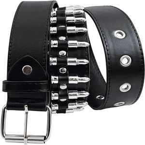 <b>Black</b> Genuine Leather <b>Belt</b> <b>With</b> Silver Bullet <b>Studs</b> Pin Buckle Rectangular Casual Durable Cow Hide 1 3/8 In Width - Product Image 4