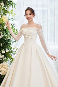 Vestido de novia de satén de alta calidad OEM TNBP No14, vestido de baile de encaje de lujo con cuello en V, manga larga, sencillo, modesto, estilo Vintage, estampado sólido - Product Image 3