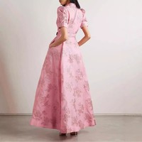 Gaun kemeja maxi wanita satin rajutan renda warna pink elegan, lengan mengembung, kancing depan, berikat pinggang, pinggang tinggi, kasual sehari-hari