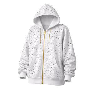 Sweat-shirt à capuche unisexe blanc uni avec fermeture éclair, en molleton personnalisé, style streetwear décontracté, fermeture éclair dorée, poches, 100% coton, coupe oversize - Product Image 2