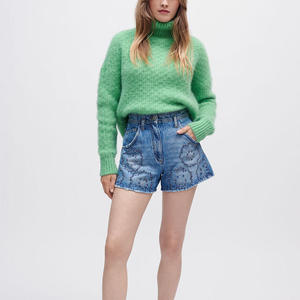 Shorts de mezclilla de cintura alta con cuentas y dobladillo deshilachado, estilo casual de verano, shorts de algodón lavado vintage de pierna recta para mujer - Product Image 4