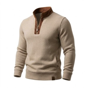 Pull tricoté pour homme de couleur unie, col zippé, en maille torsadée épaisse, style professionnel, vente en gros - Product Image 3