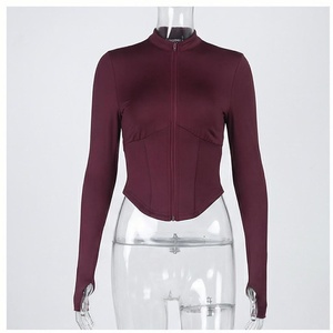 Haut court zippé bordeaux à manches longues, couleur unie, sans couture, extensible, pour le yoga et le sport féminin - Product Image 1
