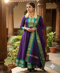 ชุดเดรสผ้าฝ้ายลายแจ็คการ์ดปักลายลูกไม้แบบดั้งเดิม พร้อมผ้าคลุมไหล่ สำหรับงานเทศกาล ราคาขายส่ง เสื้อผ้าชาติพันธุ์ สีม่วง - Product Image 1