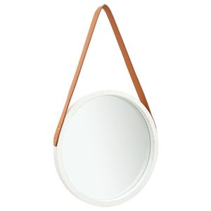 Espejo Redondo Blanco de Pared con Correa de Cuero Marrón, Decoración Escandinava para el Hogar - Product Image 1