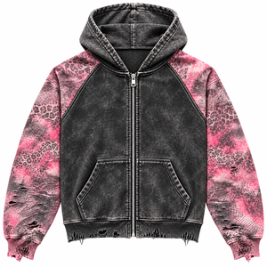 Unisex Oversized Hooded Zip-Up <b>Sweatshirt</b> Raglan Sleeve Leopard Print <b>Pink</b> Black Distressed Streetwear Autumn Wear - Product Image 1