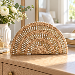 Sac à main demi-lune en jute personnalisable pour femme, 15x7 pouces, avec embellissement de perles et de perles dorées, vente en gros - Product Image 6
