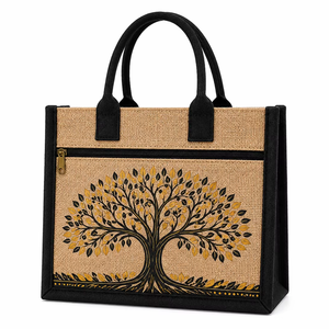 <b>tree</b> print laminated jute tote <b>bag</b> eco friendly reusable shopping <b>bag</b> with zipper pocket custom wholesale - Product Image 1