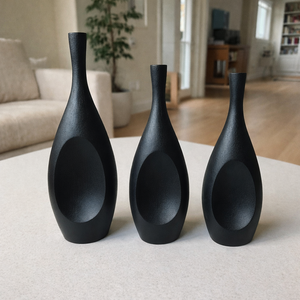 Juego de 3 jarrones de flores modernos de aluminio fundido negro mate, estilo geométrico hueco abstracto, para decoración de hogar de lujo y centros de mesa - Product Image 1