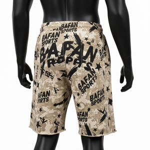Shorts pour hommes en coton polaire premium délavé à l'acide 320 GSM, beige, camouflage sable, noir, logo imprimé graphique - Product Image 5
